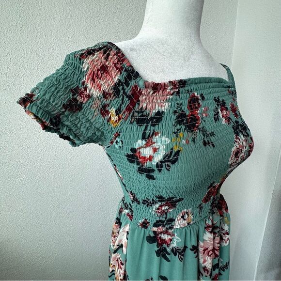 Derek Heart Floral High Low Dress Green Elastic Smocked Top SZ M - Picture 6 of 16